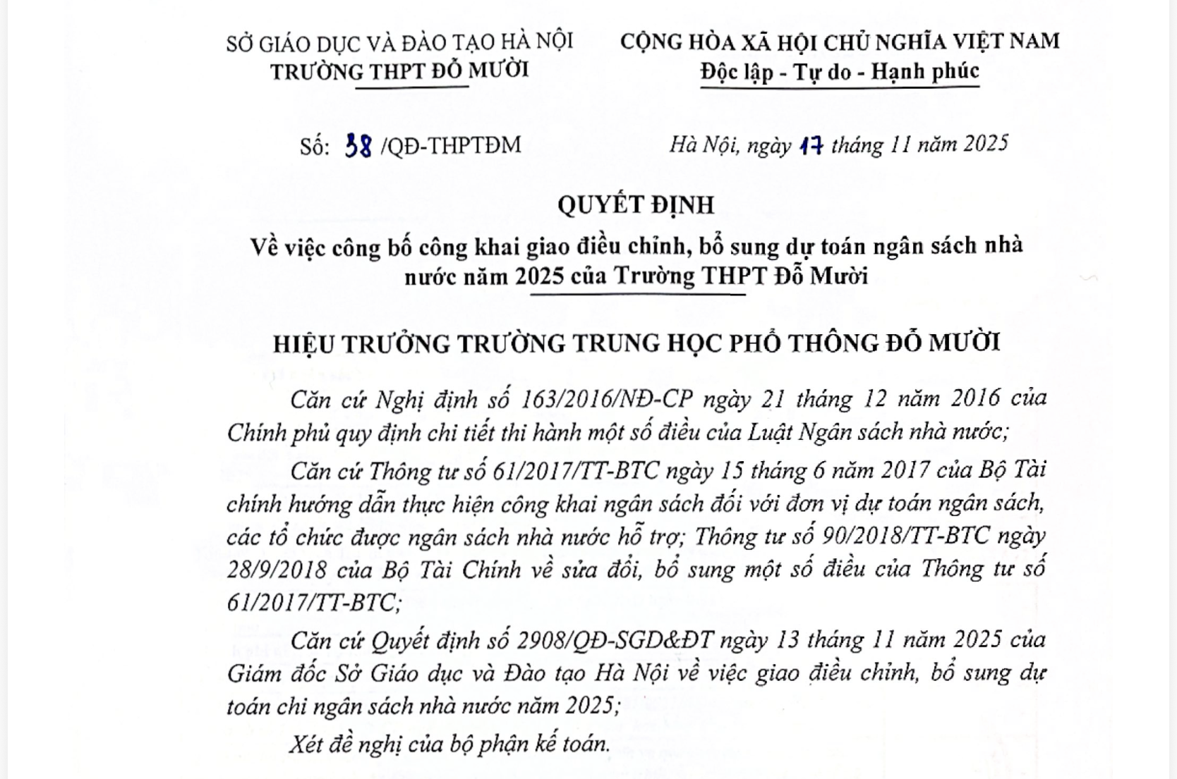 CÔNG KHAI DỰ TOÁN 17.11.2025