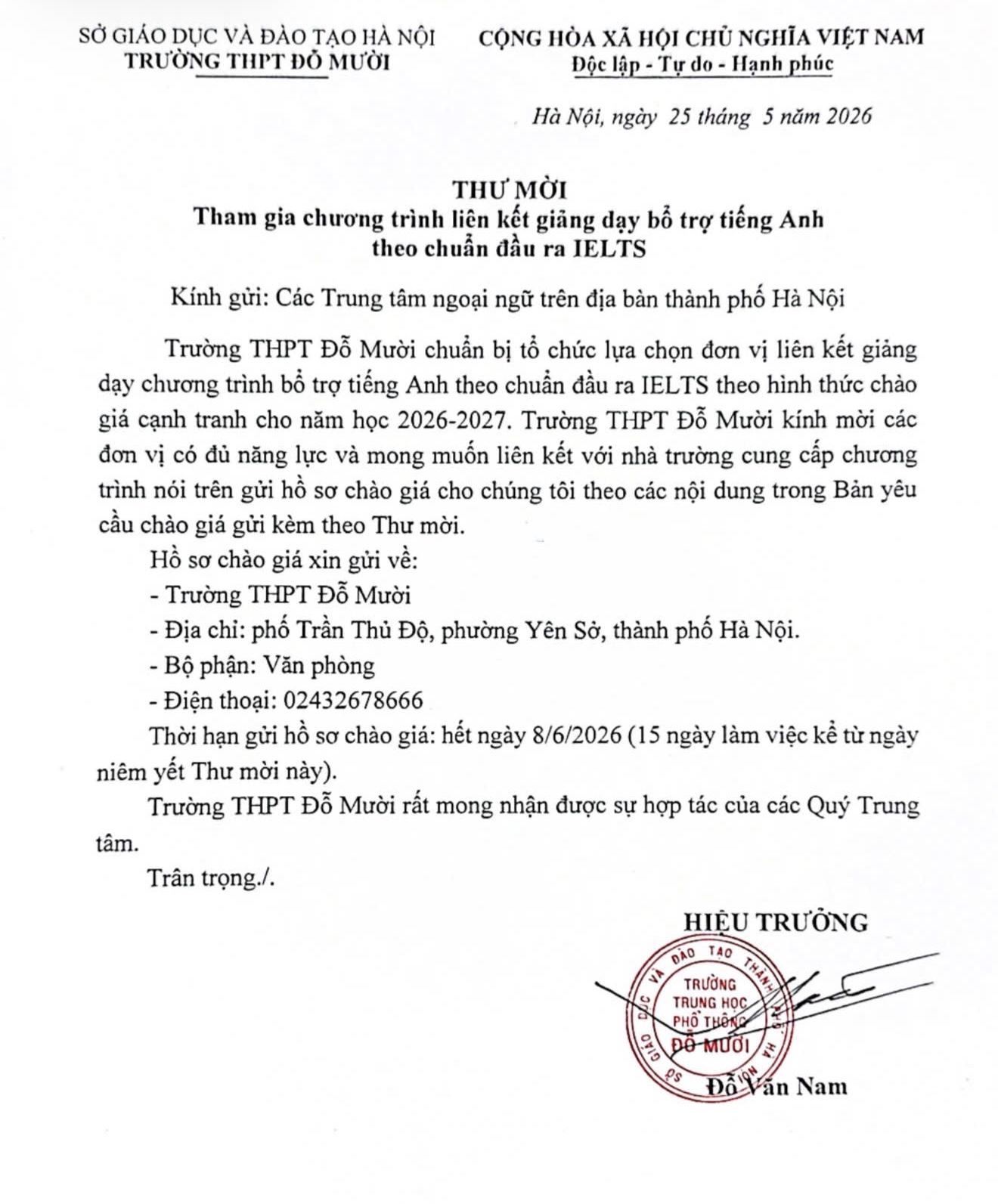 Chương trình: Liên kết dạy bổ trợ Tiếng Anh theo chuẩn đầu ra IELTS cho học sinh Trường THPT Đỗ Mười.