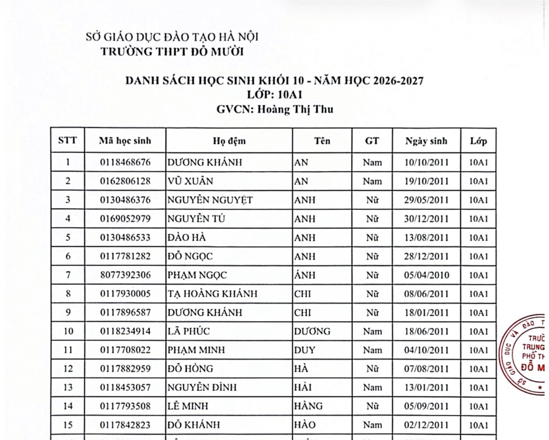 DANH SÁCH CÁC LỚP KHỐI 10 NĂM HỌC 2026-2027